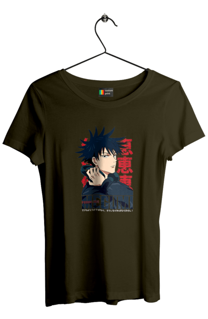 Women's t-shirt with prints Jujutsu Kaisen Megumi. Anime, dark fantasy, fushiguro, fushiguro megumi, jujutsu kaisen, magic battle, manga, megumi, mystic. 2070702