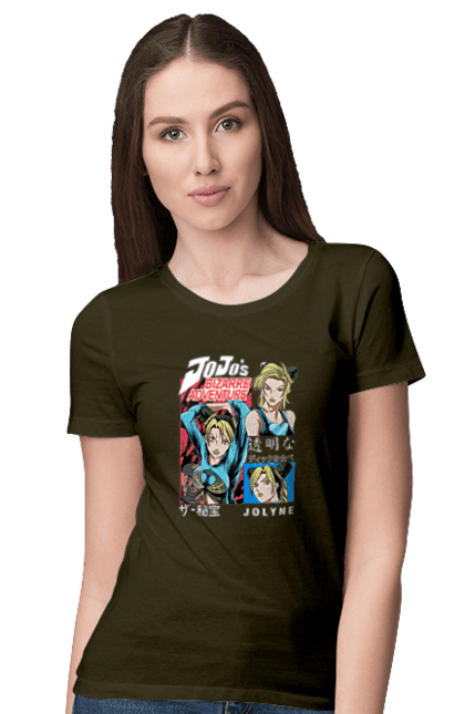 Women's t-shirt with prints JOJO Jolyne Cujoh. Anime, jojo, jojo`s bizarre adventure, jojo’s bizarre adventure, jolyne cujoh, manga. 2070702