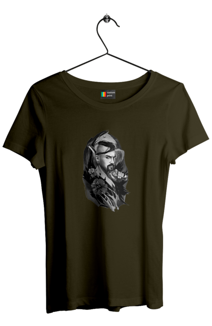 Футболка жіноча з принтом "Козак". Вуса, квітки, козак, пістолет, справжній українець, чуб. 2070702