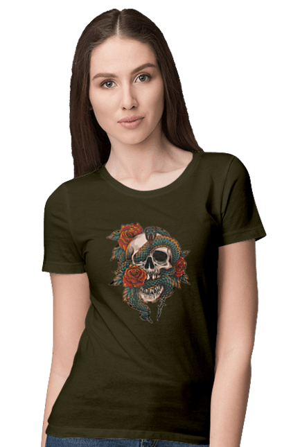 Women's t-shirt with prints Skull with a snake. Bones, flowers, roses, scales, scull, snake, spikes, teeth. 2070702