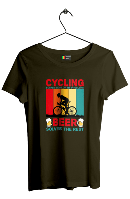 Футболка жіноча з принтом "Cycling Beer". Алкоголь, брутальні, велосипед, веселі, для спортсменів, літні, пиво, спорт, чоловічі. 2070702