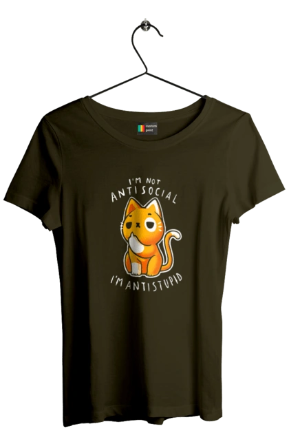 Women`s t-shirt with prints I'm not antisocial, I'm antistupid. Antisocial, antistupid, cat, cynicism, hate, humor, irony, joke, meme, sarcasm. 2070702