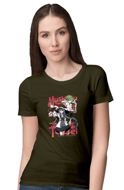 Women's t-shirt with prints Mushoku Tensei. Anime, eris, jobless reincarnation, mushoku tensei, roxy, sylphiette. 2070702