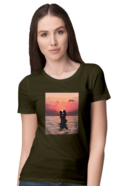 Футболка жіноча з принтом "Секс у заході сонця". Захід сонця, природа та любов, секс на морі, секс та природа. 2070702