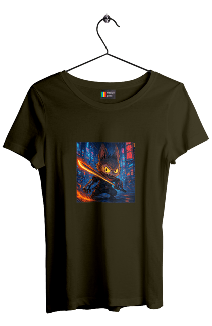 Women`s t-shirt with prints Labubu. Action, animestyle, cyberninja, cyberpunk, eyes that shine, katana, labubu, neon city, sword. 2070702