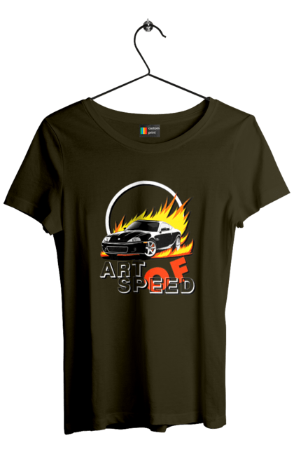 Women`s t-shirt with prints Car on fire. Auto, car on fire, drift, race, speed, sport, sports car. 2070702
