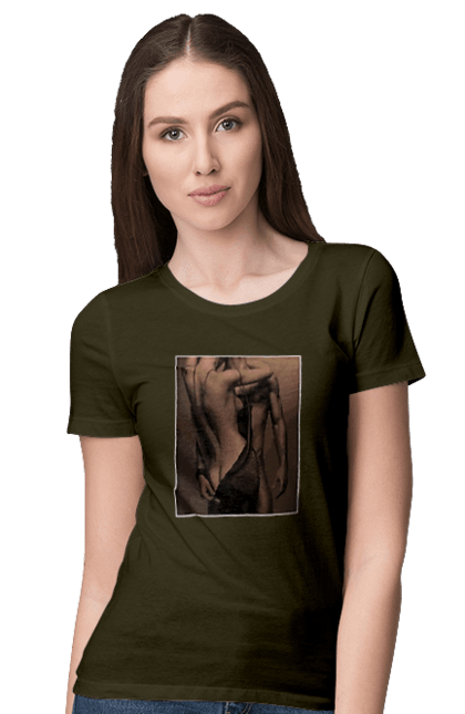 Women`s t-shirt with prints Intrigue. Delight, intrigue, love, man and woman, reciprocity, sex. 2070702
