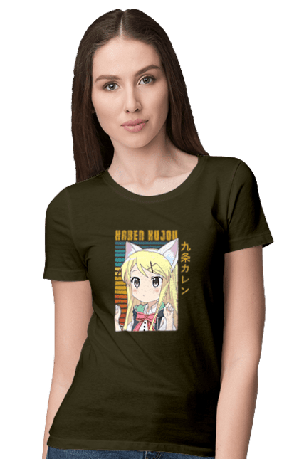 Women's t-shirt with prints Kiniro Mosaic Karen Kujo. Anime, gold mosaic, karen, karen kujo, kiniro mosaic, kinmoza, manga. 2070702