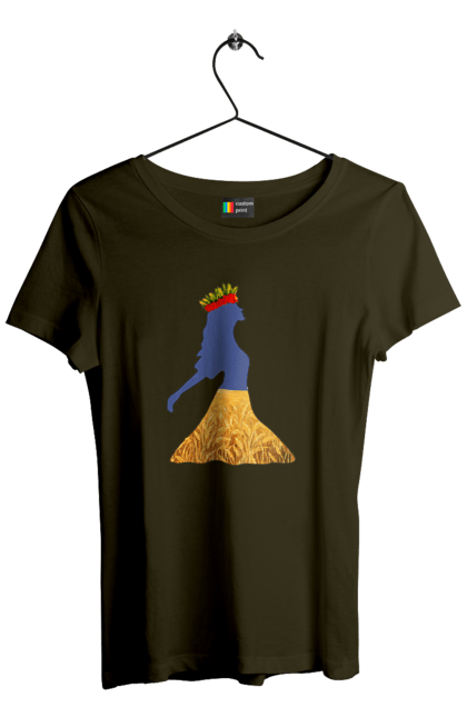 Футболка жіноча з принтом "Україна". Вінок, дівчина, дівчинка, жовтий синій, жовто-блакитне, маки, національні кольори, небо, пшеничне поле. 2070702