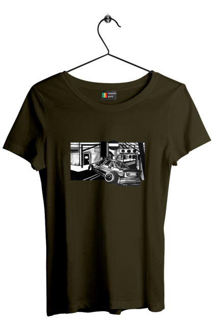 Women`s t-shirt with prints Dangerous Car on the roads of the streets. Black and white, car, dangerous, fast, machine, race. 2070702