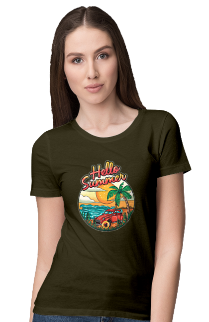 Women`s t-shirt with prints Hello Summer, Car By The Sea. Beach, island, palm, summer. 2070702