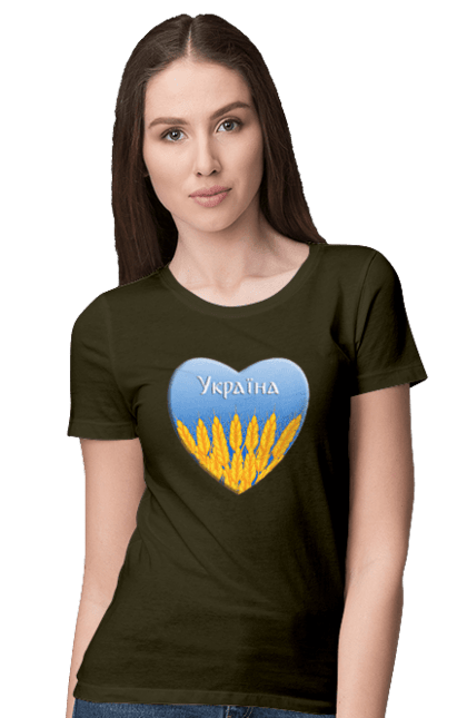 Футболка жіноча з принтом "Серце з колосками Україна". Воля, колоски, небо, перемога, прапор україни, пшениця, серце, символ україни, україна. 2070702