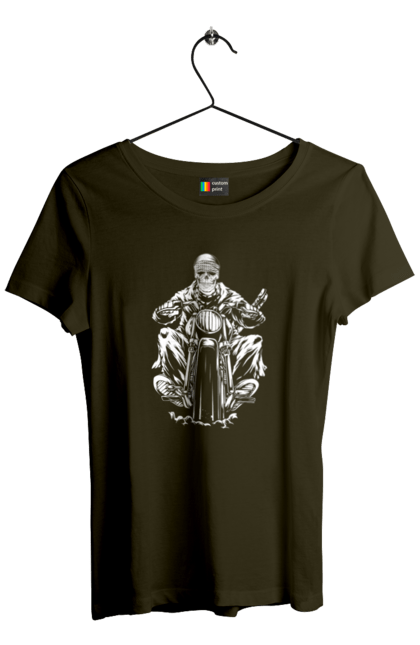 Футболка жіноча з принтом "Череп на мотоциклі". Байкер, мотоцикл, скелет, череп. 2070702