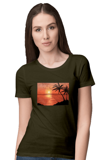 Футболка жіноча з принтом "Захід Пальми Море". Берег, захід, море, пальми. 2070702