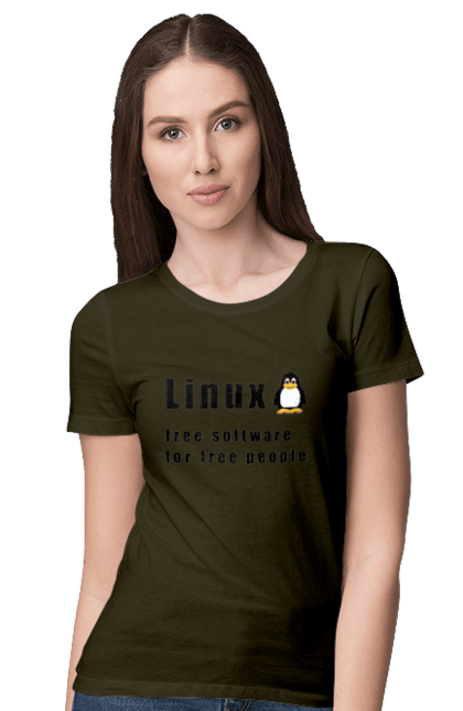 Women`s t-shirt with prints Linux Is Free. Administrator, availability, black, free, independence, is free, it, it specialist, linux, operating system, os, penguin, programmer, server, software, sysadmin, sysop, system, system administrator, text, tux. 2070702