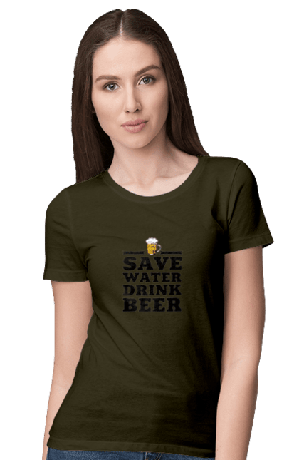 Футболка жіноча з принтом "Бережи воду, пий пиво (чорна)". 18+, алкоголь, бар, гумор, любителям писа, меми, пиво, приколи, текст, чоловікам. 2070702