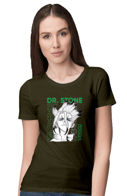 Футболка жіноча з принтом "Dr. Stone Сенку". Dr. stone, ishigami, senku, senku ishigami, аніме, доктор стоун, ісіґамі, ісіґамі сенку, манга, сенку. 2070702