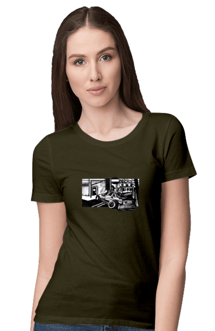Women`s t-shirt with prints Dangerous Car on the roads of the streets. Black and white, car, dangerous, fast, machine, race. 2070702
