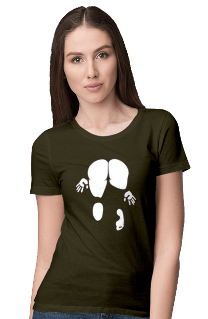 Women`s t-shirt with prints Girl view from behind. Cool, girl doggy style, humor, rear view, vulgar, young woman. 2070702