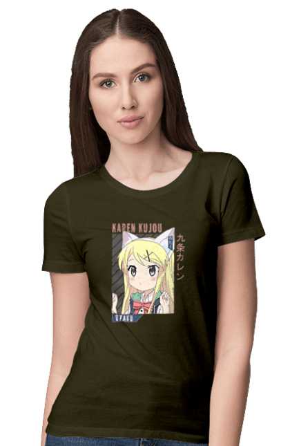 Women's t-shirt with prints Kiniro Mosaic Karen Kujo. Anime, gold mosaic, karen, karen kujo, kiniro mosaic, kinmoza, manga. 2070702