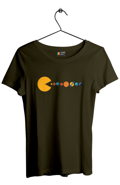 Women`s t-shirt with prints Pac Man Planets. Arcade video game, atari, japanese video game, maze, namco, pac man, planets, solar system, space, video game. 2070702