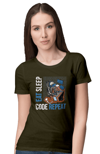 Women`s t-shirt with prints Eat Sleep Code Repeat. Code, code repeat, developer, eat sleep, it specialist, java, javascript, php, programmer, python. 2070702