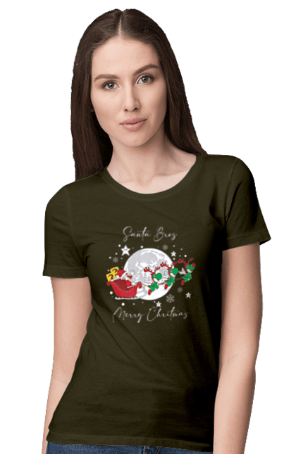 Women`s t-shirt with prints Super Mario Bros: Merry Christmas. Character, christmas, game, mario, mario bros, merry christmas, nintendo, santa claus, super mario bros. 2070702