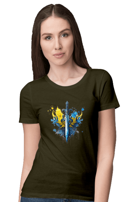 Women`s t-shirt with prints A sword in the Ukrainian style. Emblem, flag, sword, symbol of ukraine, trident, ukraine, victory. 2070702