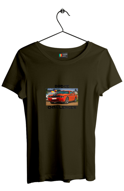Women`s t-shirt with prints Dodge challenger. Auto, car, classic car, cult car, dodge challenger, oil car, powerful car. 2070702
