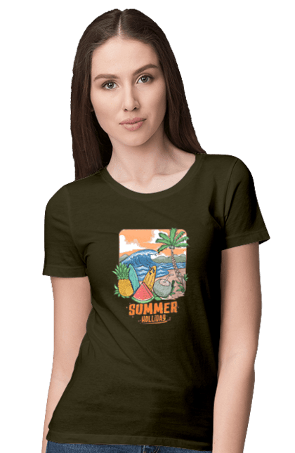 Women`s t-shirt with prints Summer Holidays. Palm, sea, summer, waves. 2070702