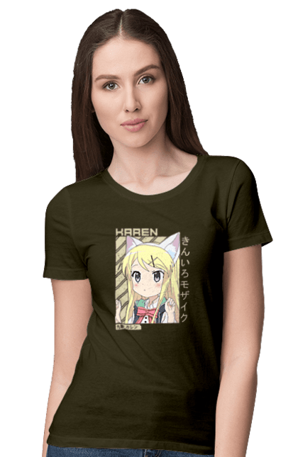 Women's t-shirt with prints Kiniro Mosaic Karen Kujo. Anime, gold mosaic, karen, karen kujo, kiniro mosaic, kinmoza, manga. 2070702