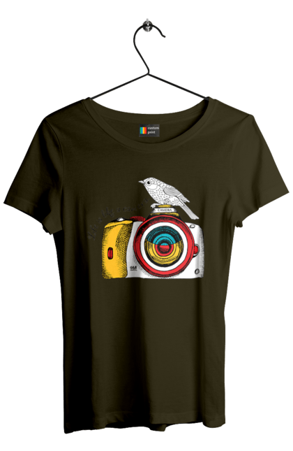 Women`s t-shirt with prints Camera And Bird. Birdie, camera, photographer. 2070702