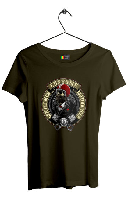 Women`s t-shirt with prints Gentlemen motorcycle. Gentleman, helmet, motorcycle, skull. 2070702