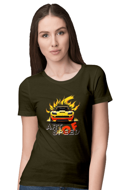 Women`s t-shirt with prints Car on fire. Car, fire, speed, sport car, sports car. 2070702