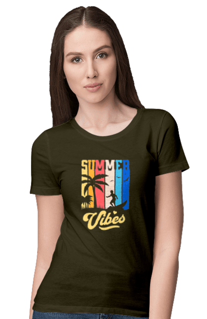 Women`s t-shirt with prints Summer Vibes Beach. Beach, sea, summer, surfing, tropics, vacation. 2070702