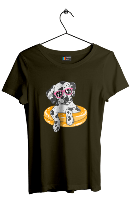 Women`s t-shirt with prints Dalmatian Swims In A Circle. Dalmatian, dog, glasses, to swim. 2070702