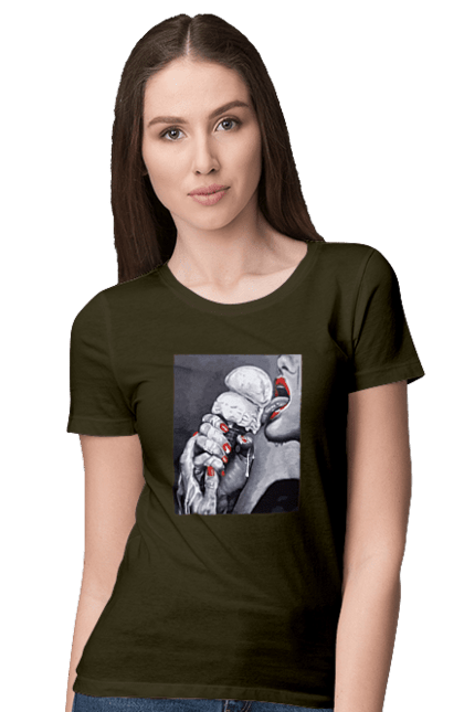 Women`s t-shirt with prints Taste of popsicles. Appetizing popsicle, ice cream flavor, licks tongue, she licks, taste of popsicles. 2070702