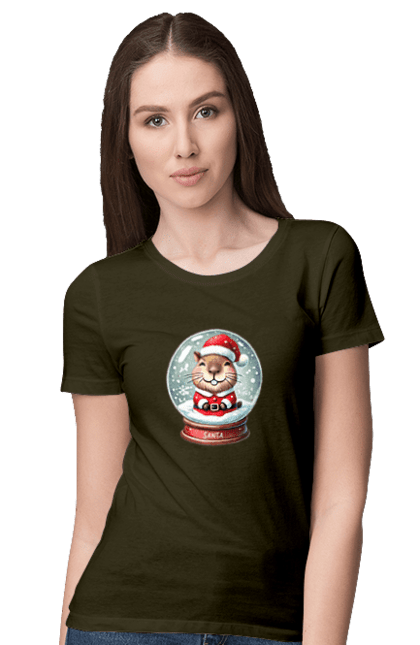 Women's t-shirt with prints Capybara in a snow globe. Animal, capybara, christmas, christmas capybara, gift, holiday, new year, new year`s gift, santa, snow globe. 2070702