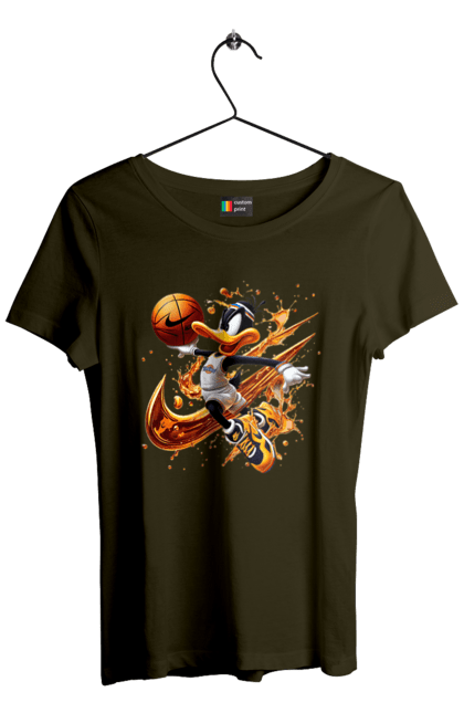 Футболка женская с принтом Даффи Дак Nike. Daffy duck, looney tunes, merrie melodies, nike, warner brothers, даффи дак, мультфильм, персонаж, утка даффи. 2070702