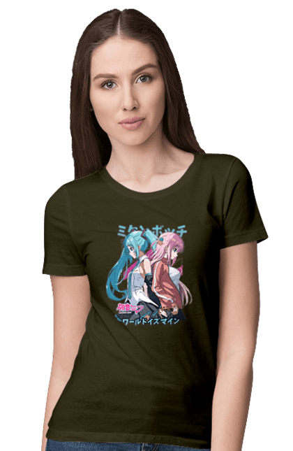 Women's t-shirt with prints Hatsune Miku and Hitori Gotou. Anime, bocchi the rock, hatsune miku, hitori goto, hitori gotou, lonely rocker, miku, rocker, vocaloid. 2070702