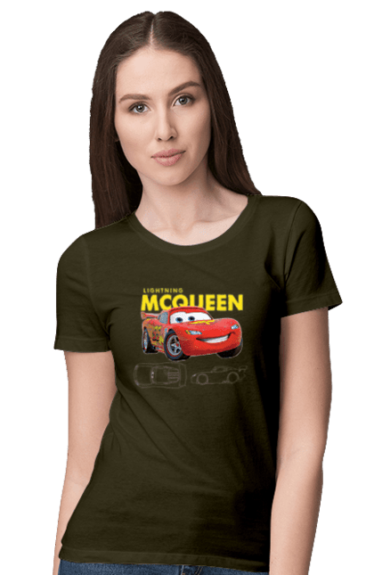 Women's t-shirt with prints Lightning McQueen. Cartoon, cartoon, lightning mcqueen, race, sport, wheelbarrows. 2070702