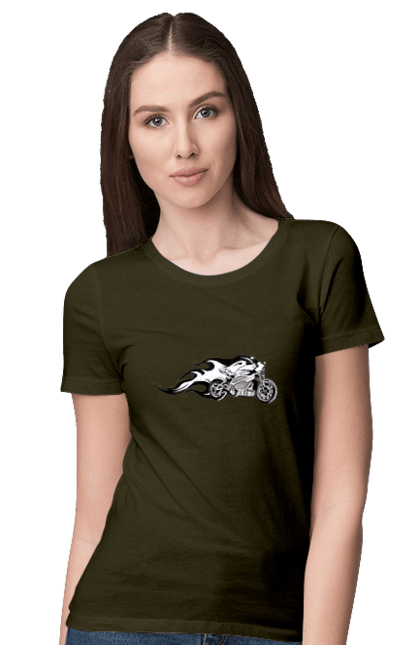 Футболка жіноча з принтом "Мотоцикл Вогонь". Мото, мотоцикл, огонь. 2070702