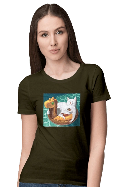 White cat in a swimming circle on vacation