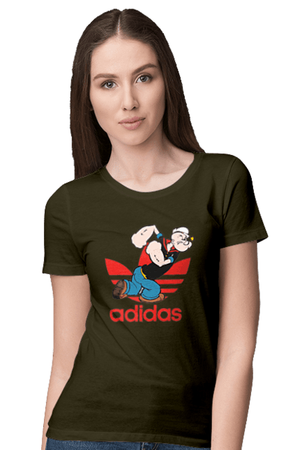 Футболка женская с принтом Adidas Моряк Попай. Adidas, popeye the sailor, адидас, комикс, моряк, мультфильм, сериал, трубка. 2070702