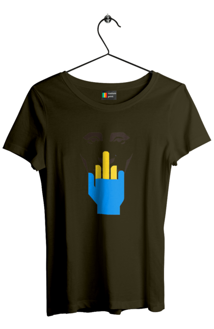 Women`s t-shirt with prints Putin Huilo. All, dead muscovite, go fuck yourself, good evening, middle finger, muscovites, orcs, putin shit, putin`s head, russian military. 2070702