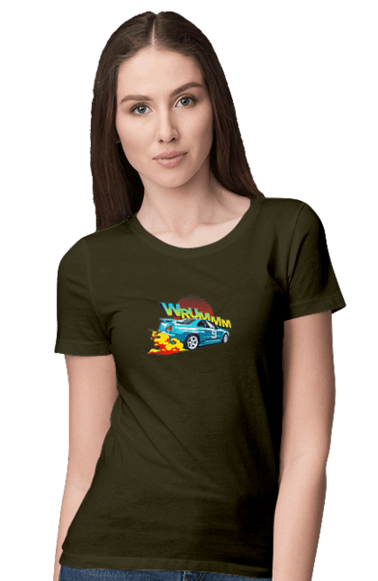 Футболка жіноча з принтом "Авто". Авто, вогонь, вулиці, денги, дрифт, спорт, спортивне авто, швидкість. 2070702