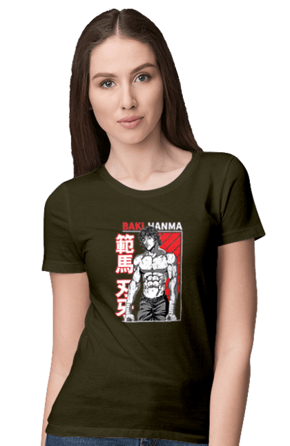 Women's t-shirt with prints Hanma Baki. Anime, baki fighter, hanma baki, manga, martial arts, tv series. 2070702