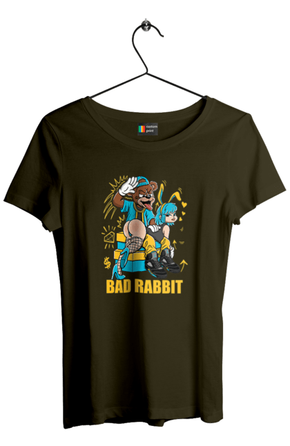 Women`s t-shirt with prints Bad rabbit. Bad bunny, bdsm, bear, cool, funny, rabbit, young woman. 2070702