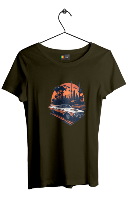 Women`s t-shirt with prints Beautiful car at sunset. Auto, sun, sunset. 2070702