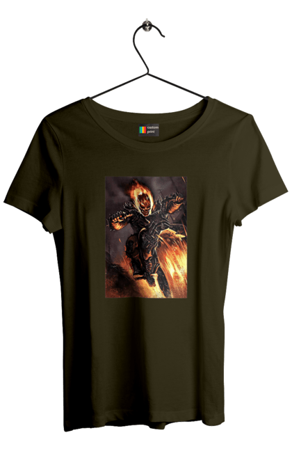 Women`s t-shirt with prints Hell Racer. Chopper, fire, hell racer, motorcycle, skeleton. 2070702